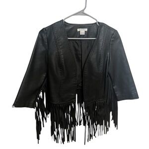 Glamorous Black Leather Fringe Open-Front Jacket